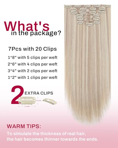 Image of Moresoo Blonde Clip in Hair Extensions Human Hair Highlights Ash Blonde with Bleach Blond Real Hair Extensions Clip in Human Hair Seamless 22 inch Long Straight for Women Party 120g /7pcs