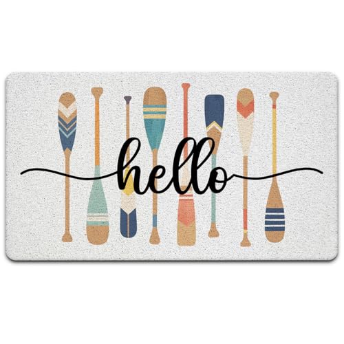 JINYO Lake Door Mat, Lake House Welcome Mats, Hello Boat Paddle Outdoor Indoor Door Mats for Porch Entrance Entryway, 17x30 Inch