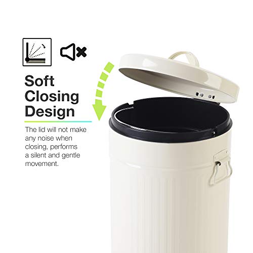 Image of White Trash Can with Lid, Bathroom Bedroom Waste Basket Soft Close, Small White Garbage Can, Retro Vintage Home Office Trash Can, 12 Liter /3 Gallon, Glossy Cream White
