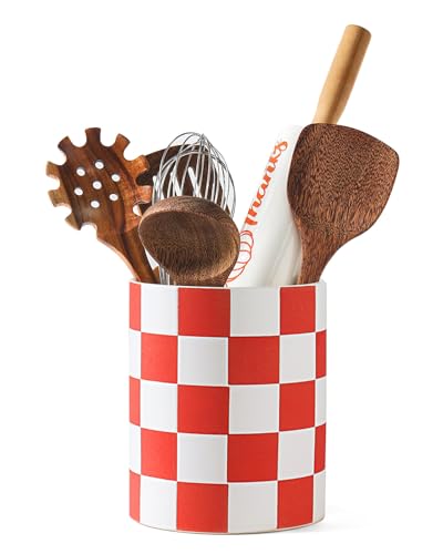 Swkien Kitchen Utensil Holder, Checkered Utensil Crock