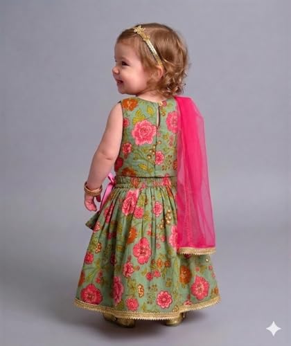 Image of A.T.U.N. (ALL THINGS UBER NICE) Baby Girls Cotton Ethnic Floral Lehenga Choli Set with Lace & Dupatta | Traditional 3-Piece Festive Outfit for Kids