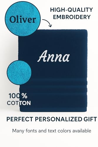Pet-Jos Personalisiertes Badetuch mit Name Schön bestickter Name Personalisiertes Handtuch 140 x 70 cm Baumwolltuch (Dunkelblau)