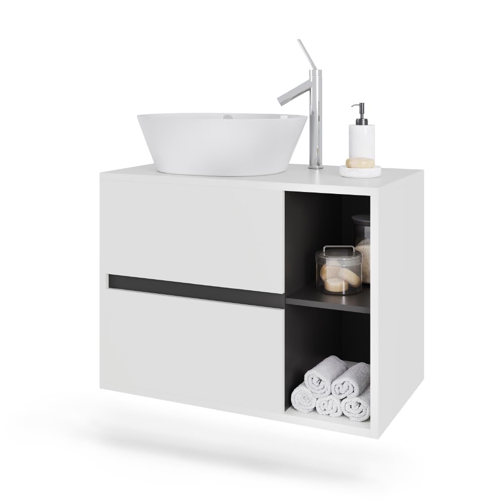 Vicco Mueble bajo Lavabo Viola, Blanco/Gris, 80 x 60 cm | con 2 cajones, con recorte para sifón para montaje mural