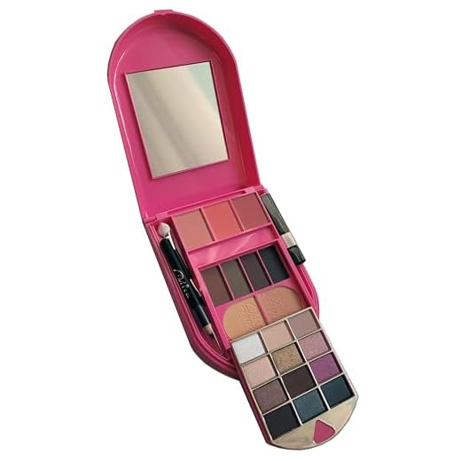 Kit de Maquiagem Feminina Completo, Infantil, Adolescente, Juvenil, Paleta de Sombras 12 Cores, 3 Blushes, 2 Tons Pó Compacto, 4 Pó e Lápis de Sobrancelha, 2 Pincéis e Espelho, Estojo Dobrável Rosa