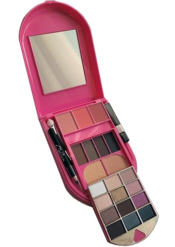 Kit de Maquiagem Feminina Completo, Infantil, Adolescente, Juvenil, Paleta de Sombras 12 Cores, 3 Blushes, 2 Tons Pó Compacto, 4 Pó e Lápis de Sobrancelha, 2 Pincéis e Espelho, Estojo Dobrável Rosa