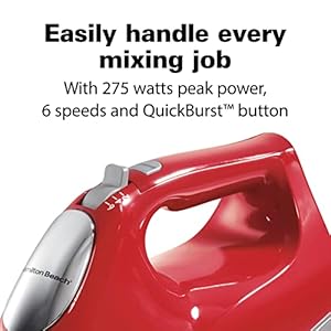 Hamilton beach 6 speed electric hand mixer with whisk traditional beaters dough hooks snap on storage case 275 watts red  urban country home decor