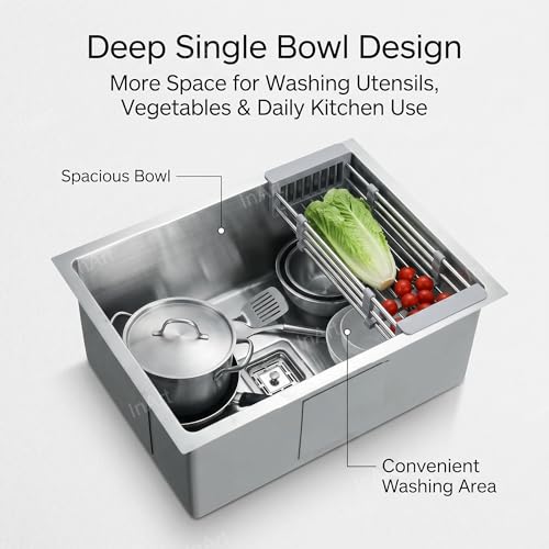 Image of InArt 304 Grade Stainless Steel Single Bowl Handmade Kitchen Sink 2mm Thickness High Grade Stainless Steel with Coupling and Fruit Basket (21 inch X 18 inch X 9 inch Inches)