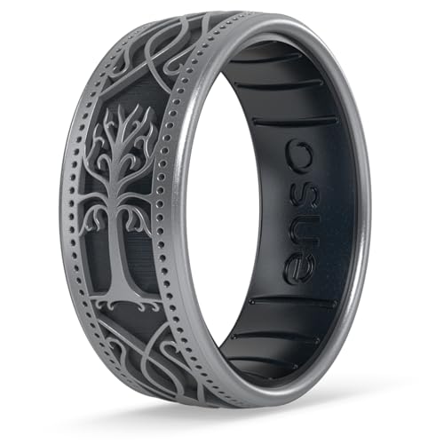 Enso Rings Lord of The Rings Collection - Comfortable DualTone Silicone Rings - Flexible Design - Tree of Kings - Silver/Black Pearl - Size 9