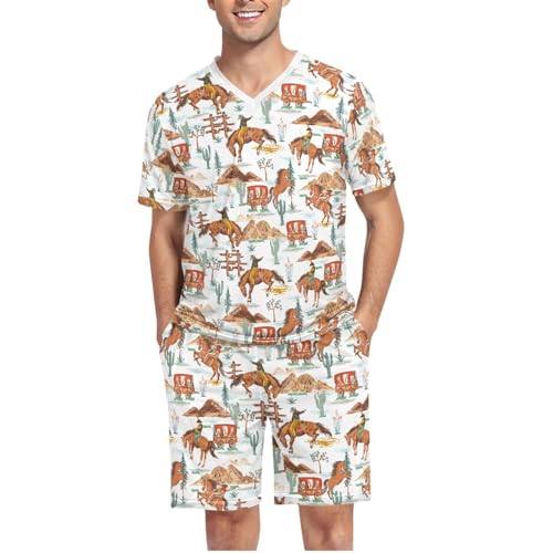 Men's Pajama Set Summer Short Sleeve Western Cowboy Loungewear 2 Piece Sleepwear Set with Pockets