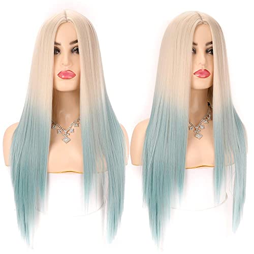 Long Straight Hair Light Blue Wigs for Women Part Synthetic Wigs Long Silky Straight Wigs for Cosplay, Daily Use ( 28 Inch Light Blue)