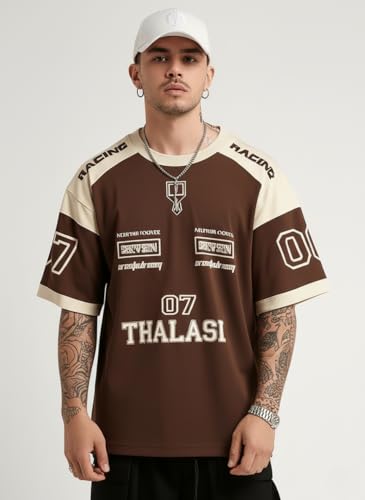 Image of THALASI Men Cotton Jersey Aesthetic Oversized T shirts for Men | Sports Jerseys T-shirts & Half Sleeve Round Neck Printed Tshirt for Mens - Down Shoulder Loose & Baggy Fit Korean T shirt for Man & Boy