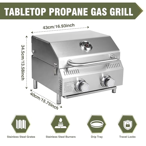 Image of Bestfire Tabletop Propane Gas Grill 2 Burners, 20,000 BTUs Stainless Steel Portable Propane Grill with Legs for Outdoor Patio Backyard Camping, Tailgating, and RV Trips