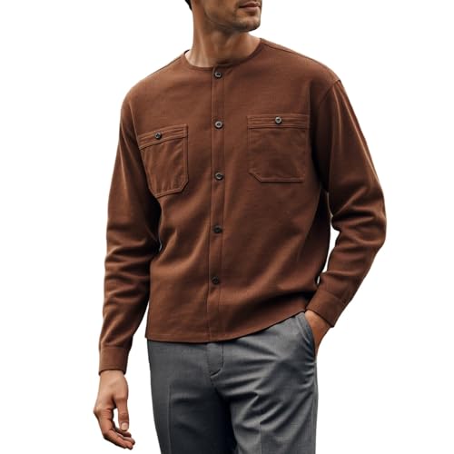 BIBOKAOKE Camiseta de manga larga para hombre con cuello alto y bolsillos en el pecho – Blusa robusta de pana | Chaqueta de exterior para ocio y naturaleza, Estilo#e01 Marrón, 3XL