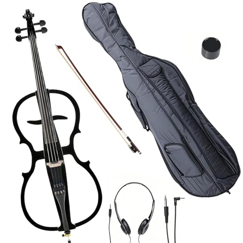 Verahaus Electric Cello 4/4 Full Size Ebony Fittings with Lightweight Cello Bag, Headphones, Bow, Bridge, Rosin, Cello for Beginners Adults(Metallic Black)