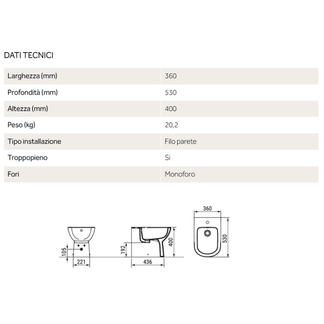 Bidet filomuro in ceramica monoforo con troppopieno – Gemma 2 | Ceramica Dolomite