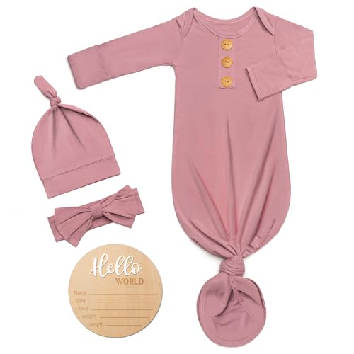 Image of Soft Baby Knot Gown 0-3 Months, Newborn Announcement Sleepers With Mitten Cuffs and Personalized Wooden Name Tag