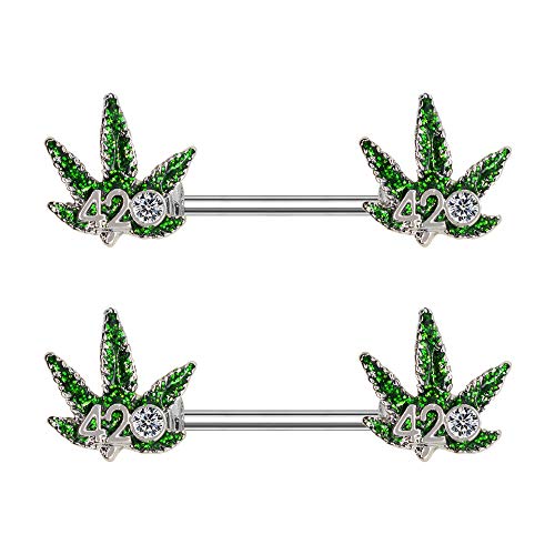 Pierce2GO Piercing de mamilo cirúrgico de aço inoxidável 14G conjunto de 2 folhas de maconha - 420 a