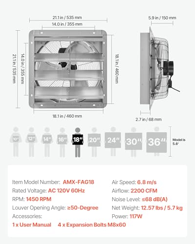 Image of VEVOR 18 Inch Shutter Exhaust Fan Wall Mounted Automatic Louvers Silver, Sturdy Steel Housing, 3051 CFM Low Noise, AC Motor, Ventilation and Cooling for Attic, Garage, Barn, Greenhouse, Workshop