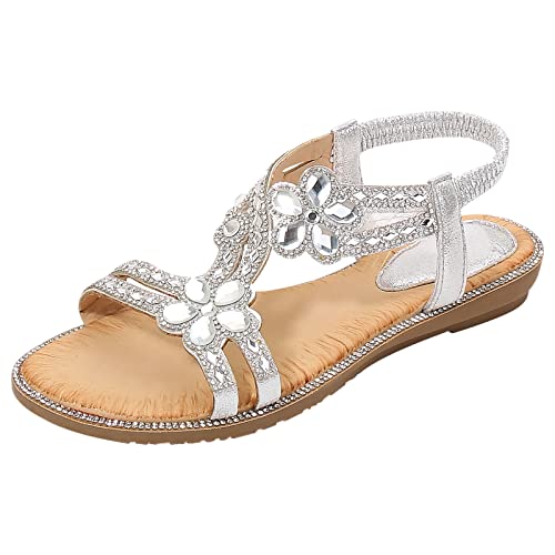 QIMAOO Sandals for Women Flat Rhinestone Ladies Sandals T-Strap Womens Sandals for Summer Beach Holiday Outdoor 8UK Silver