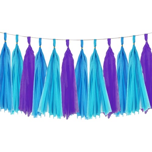 Blue and Purple Tassel Garland Paper Tissue Tassels Garland for Party Decorations, Pack of 15