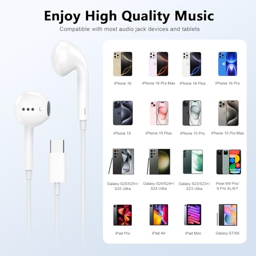 USB Cヘッドホン iPhone 16 15.2個パック USBC Type Cイヤホン マイク&リモコン付き ノイズキャンセリング 有線イヤホン iPhone 17 16 15 Pro Max、iPad、Galaxy S25 S24 Ultra、Pixel 9用