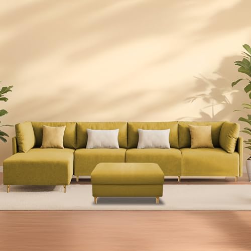 Image of Carina LHS 6 Seater L Shape Sofa Set with Center Table for Living Room (Yellow Fabric) Premium Fabric Sofa
