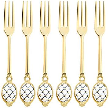 Gold Flatware 6-Pc. Dessert Demi Forks Set, 24K Gold-Plated Stainless Steel Silverware, Russian Cobalt Blue Net Ornament, 6" long image 3