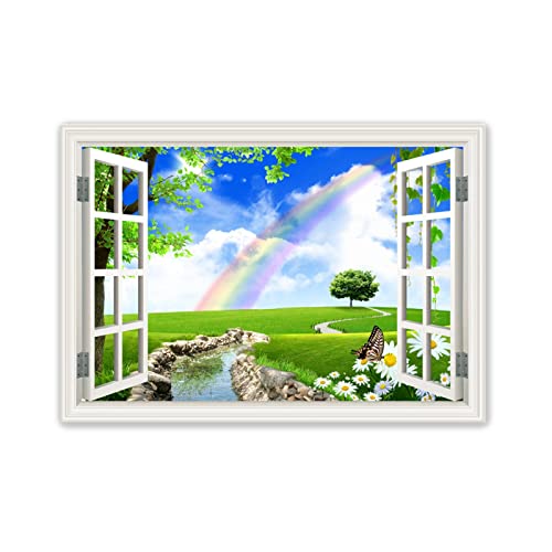 Tableau de Nature Paysage-Impression sur toile Fausse Fenêtre-Mur Art Tableaux Décoration Murale 3D fenêtre Vue-Arc-en-ciel Image sur Toile 80x110cm(31x43in)Sans cadre