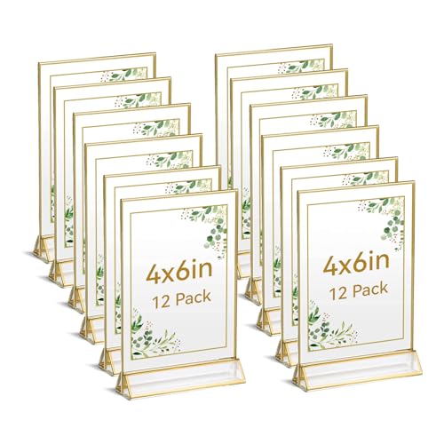 uniqooo acrylic sign holders with golden border portrait view pack of 12  4x6 inches double sided clear frame perfect for wedding reception centerpiece decoration partyanniversary event