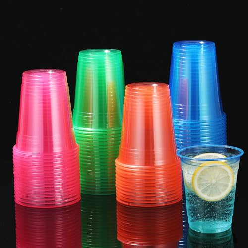 COSINIA 60 Pack Glow in the Dark Party Cups 12 oz Neon Plastic Cups Multi Color Disposable Cups for Blacklight Glow Parties Birthdays and Holiday Gatherings