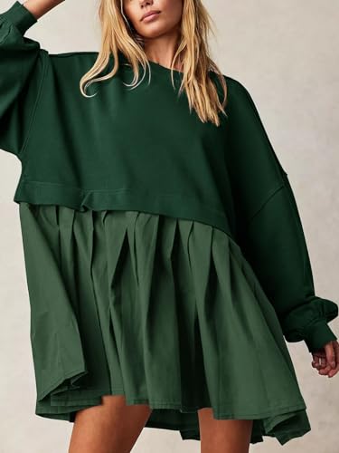 Image of Dokuritu Sweatshirt Dress Women Crew Neck Long Sleeve Patchwork Pullover Tops Flowy Oversized Sweatshirt Mini Dress