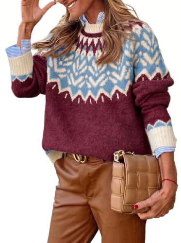 Image of EARKOHA Women's Casual Mock Neck Ribbed Sweater Pullover 2026 Fall Long Sleeve Print Fair Isle Sweater Top