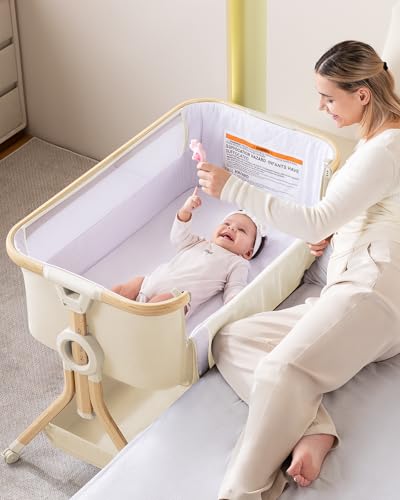 Image of Larex Baby Bassinet Bedside Sleeper Crib Co Sleeper for Newborn Infant Toddler with Mosquito Net, Storage Bag & Basket, 5-Height Adjustable, Movable Wheels, Breathable Mattress & Mesh (Khaki)