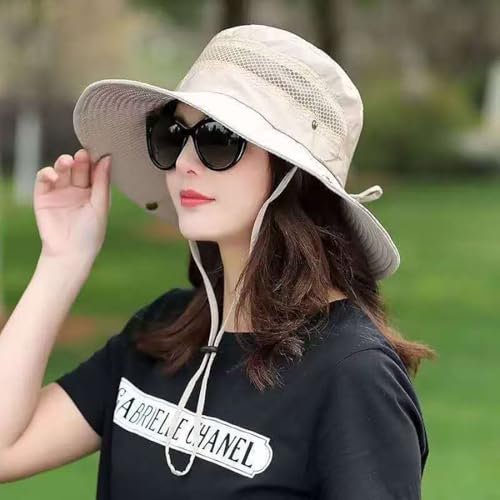 Image of STORE 2508 Wide Brim Sun Hat for Men and Women Outdoor Safari Hat with Adjustable Chin Strap Breathable Mesh Panels and Anti Sweat Band for Hiking Fishing Camping Beige
