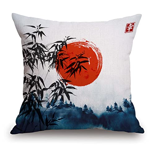 TSSOHU Housse de coussin en bambou japonais - Peinture à l'encre asiatique - Tiges d'arbre noires - Soleil rouge - Montagnes décoratives - Taie d'oreiller...