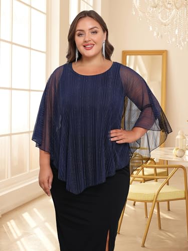 Sparkly Plus Size Top Women's Elegant Evening Wedding Tops Capelet Flowy Shirts Double-Layers Mesh Tunic Blouse4