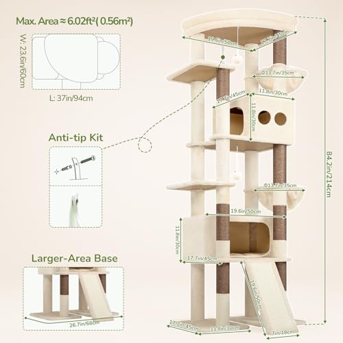 Image of Globlazer Extra Tall Large Cat Tree, 84in Multi-Level Cat Climbing Tower for Indoor Cats Large Adult, Widened Condo with Scratch Board, 7 Scratching Posts, Padded Perch, Metal Basket, S84E, Beige