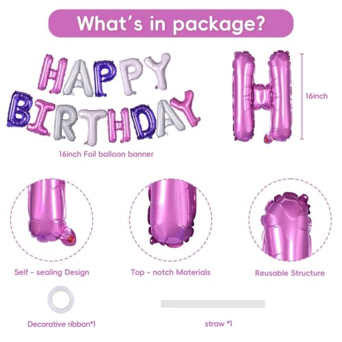 Image of Pink Purple Happy Birthday Banner Balloons 16 Inch Mylar Foil Letters
