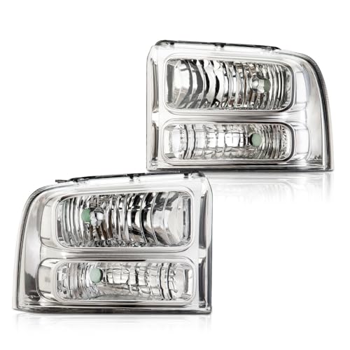 Image of GRAND ORANGE Headlights Assembly Compatible with 2005-2007 Ford F250 F350 F450 F550 Super Duty /Fit 2005 Ford Excursion Headlamp Clear lens Chrome Houing Clear Reflector