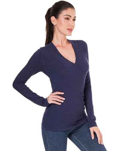 Image of AmelieBoutik Women V Neck Faux Wrap Lightweight Long Sleeve Tunic Sweater Blouse Tops