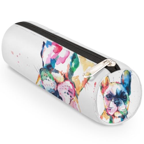 Image of Watercolor French Bulldog Canvas Pencil Case Bag, Dog Pattern Cylinder Zippe Pencil Case Storage Pouch Simple Stationery Bag for Middle High School Office College Student