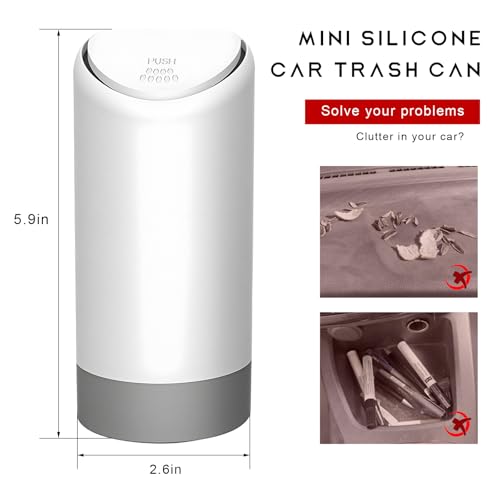 Image of Mni Car Trash Can with Lid, Portable Silicone Auto Garbage Container for Cup Holder, Multipurpose Trash Bin for Car Home Office, Waterproof Leakproof Small Vehicle Trash Can (White)