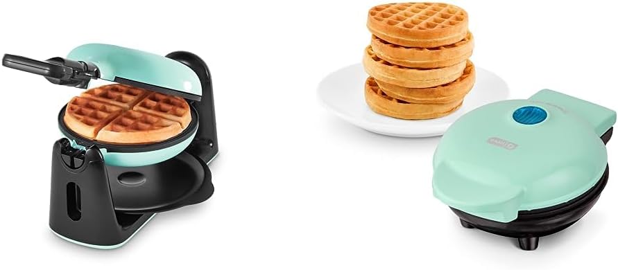 DASH Flip Belgian Waffle Maker With Non-Stick Coating for Individual 1" Thick Waffles – Aqua and DASH Mini Maker for Individual Waffles, Hash Browns, Keto Chaffles with Easy to Clean, Non-Stick Surfaces, 4 Inch, Aqua