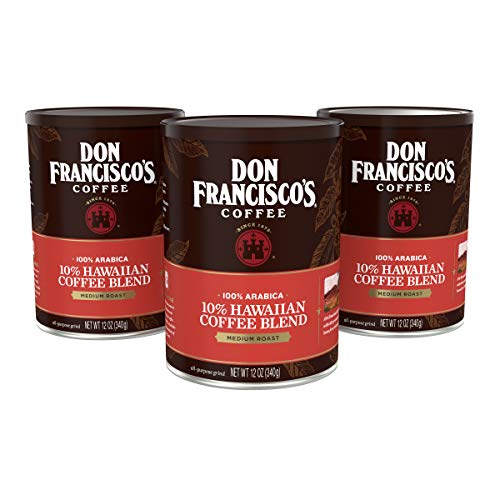 Don Francisco's Premium Hawaiian Blend Ground Coffee, 10% Hawaiian, Rich Flavor, Floral Aroma, Fruity Notes, 3-Pack (12 oz Recyclable Cans)