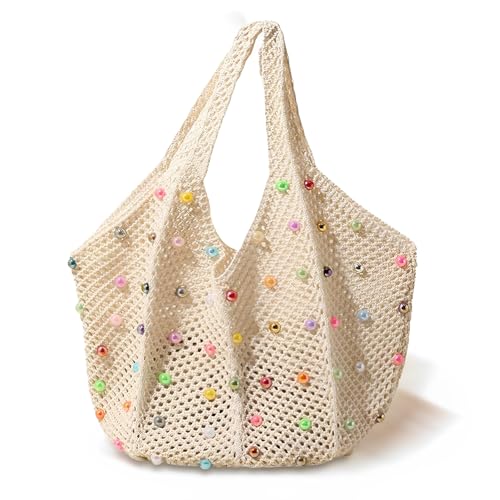 MOAZIFI Strandtasche Damen Mit Farbenfrohen Perlen, Beach Bag, Netztasche, Strandtasche Netz, Gewebâ€¦ – Miniatur
