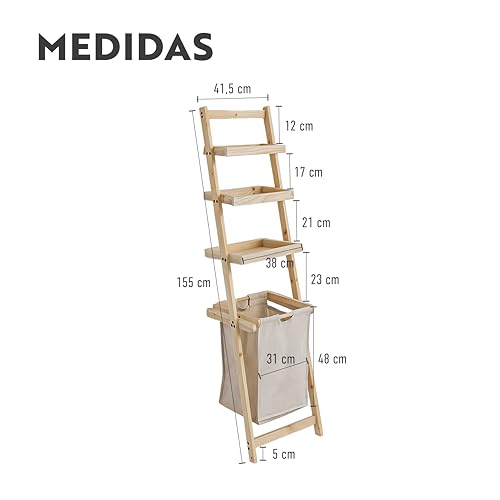 BRINDEK Mueble Organizador con estanterías y cesto Ropa Sucia extraíble | Cesta Colada Plegable de Tela Beige y Estructura Madera | Mueble lavandería Funcional y Decorativo - imagen 6