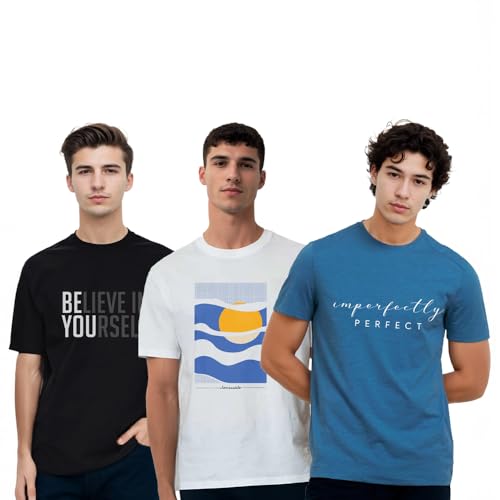 Image of Nobero 100% Cotton Tshirts for Men Combo Pack of 3 | Regular Fit | Printed | Round Neck Half Sleeve