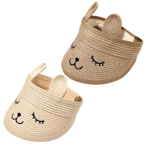 2 Pcs Kids Straw Sun Hat, Toddler Wide Brim Cute Bunny Beach Hat Adjustable for Beach Park Travel Beige,Brown