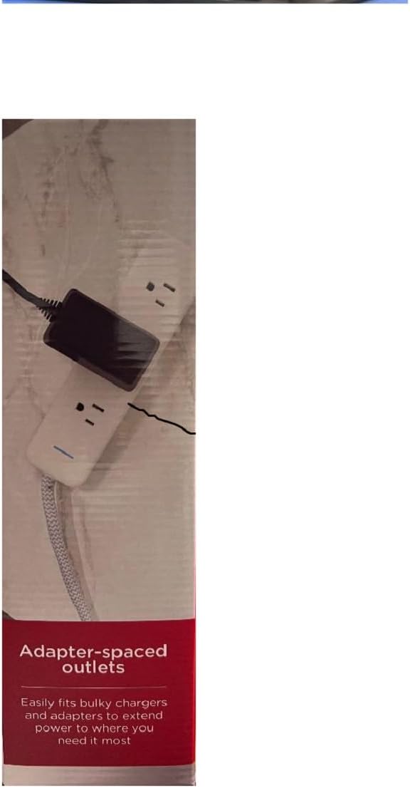 Close-up of UltraPro Elite Surge Protector showing adapter-spaced outlets with a large power adapter plugged in.