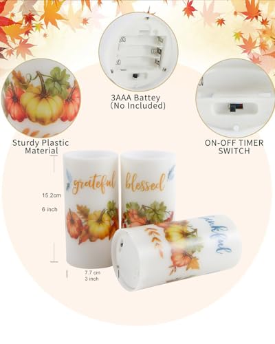 Image of 3 Pcs Pumpkin Flameless Candles with Timer Remote | Orange Maple Leaf Lights for Thanksgiving Theme Decor Autumn Fall Harvest Bathroom Decorations